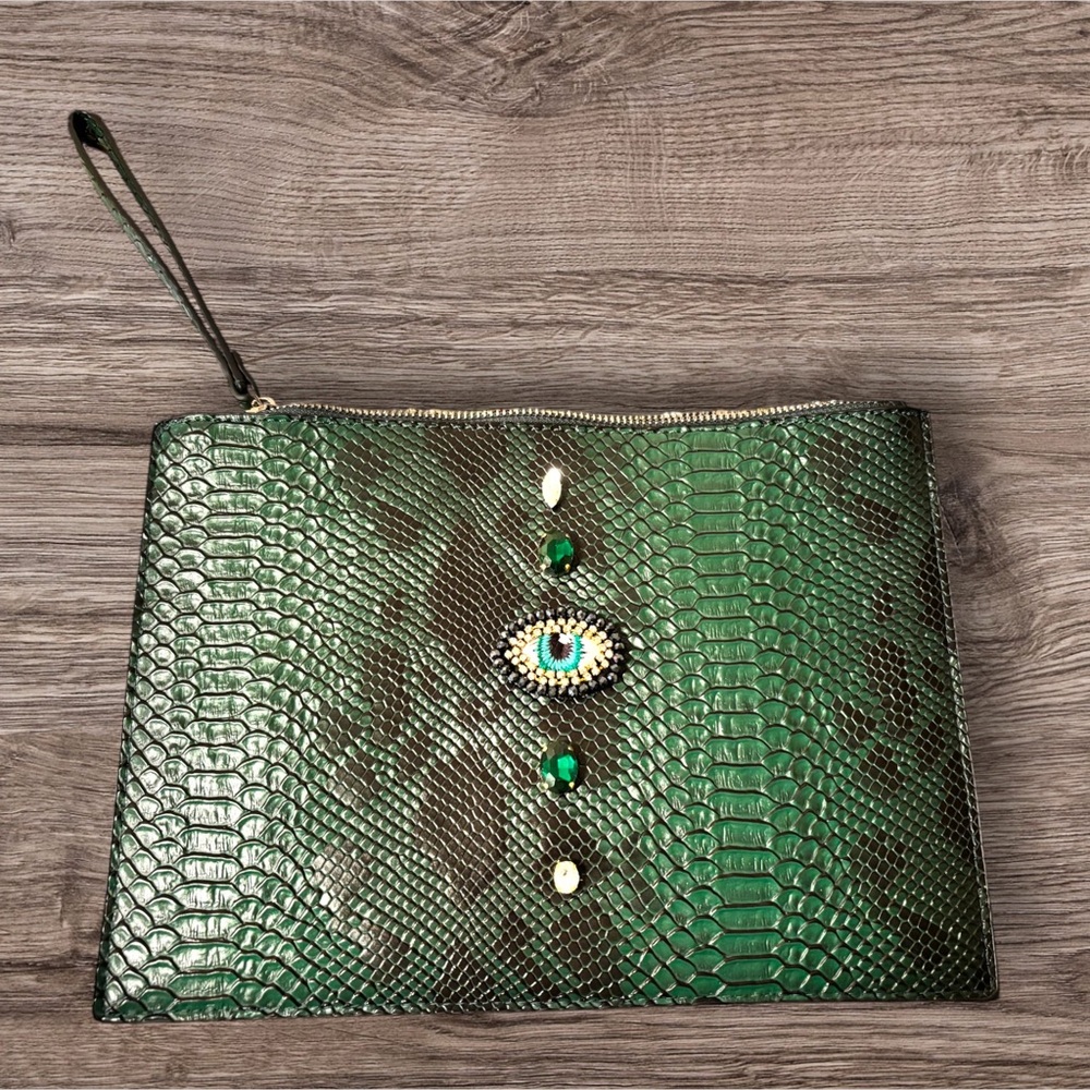 Green Snakeskin Clutch with Eye Embellishment